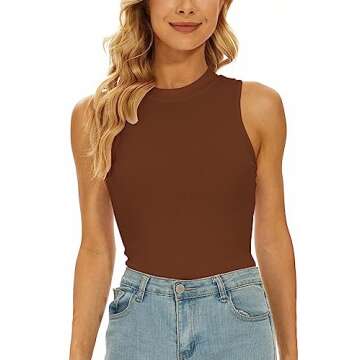 YIJIU Women's Mock Turtle Sleeveless Tank Tops Casual Basic Bodysuit Jumpsuit,Dark Brown,M