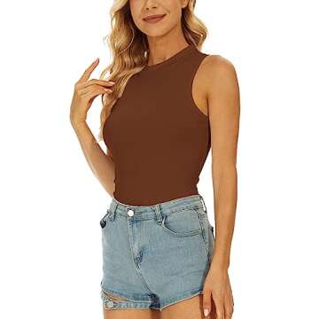 YIJIU Women's Mock Turtle Sleeveless Tank Tops Casual Basic Bodysuit Jumpsuit,Dark Brown,M