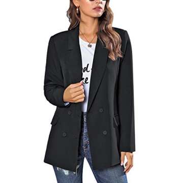 LookbookStore Women's Casual Solid Black Notched Lapel Work Office Blazer Double Breasted Pockets Jacket Long Sleeves Business Suit Size Medium