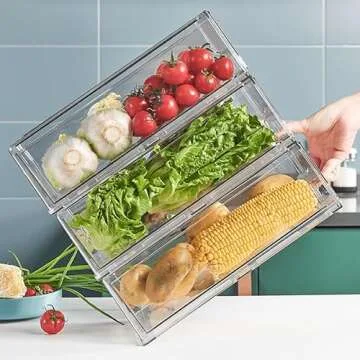 GREENTEC Fridge Organizer，Stackable Storage Container, Refrigerator Drawer, Pull Out Organization Bin for Kitchen, Closet, Sliding Freezer Organizer, Medium