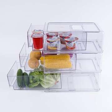 GREENTEC Fridge Organizer，Stackable Storage Container, Refrigerator Drawer, Pull Out Organization Bin for Kitchen, Closet, Sliding Freezer Organizer, Medium