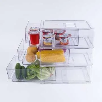 GREENTEC Fridge Organizer，Stackable Storage Container, Refrigerator Drawer, Pull Out Organization Bin for Kitchen, Closet, Sliding Freezer Organizer, Medium