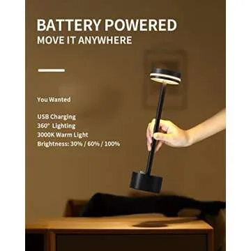 PUSU Portable Table Lamp Battery Powered LED Lamp Cordless Table Lights 3-Level Brightness Touch Control,for Home Office Bedroom Hotel Room Restaurant Outdoor(Black)