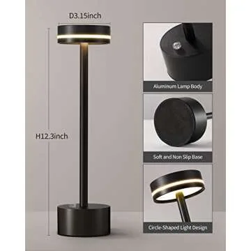 PUSU Portable Table Lamp Battery Powered LED Lamp Cordless Table Lights 3-Level Brightness Touch Control,for Home Office Bedroom Hotel Room Restaurant Outdoor(Black)