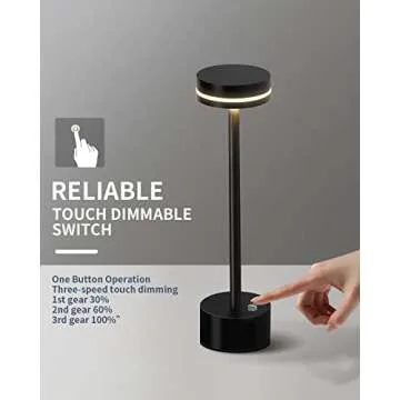 PUSU Portable Table Lamp Battery Powered LED Lamp Cordless Table Lights 3-Level Brightness Touch Control,for Home Office Bedroom Hotel Room Restaurant Outdoor(Black)