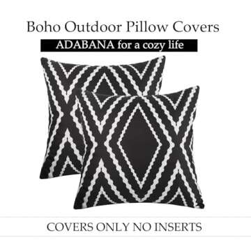 Adabana Outdoor Waterproof Throw Pillow Covers Set of 2 Boho Geometric Pillows Cover for Patio Garden 18 x 18 Inch Black and White
