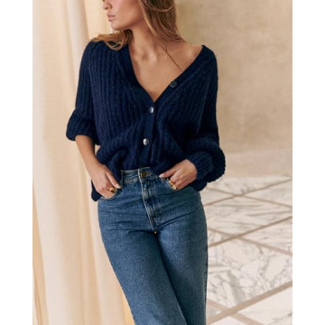 Gacaky Women's Cardigan Sweater Casual Long Sleeve V Neck Button Down Chunky Soft Knit Sweater Fall Open Front Loose Outwear Dark Blue M