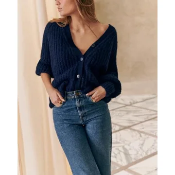 Gacaky Women's Cardigan Sweater Casual Long Sleeve V Neck Button Down Chunky Soft Knit Sweater Fall Open Front Loose Outwear Dark Blue M