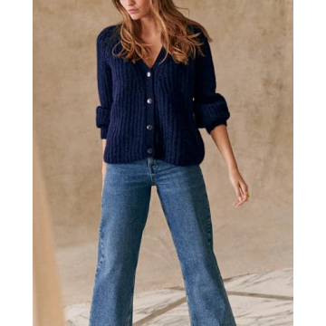 Gacaky Women's Cardigan Sweater Casual Long Sleeve V Neck Button Down Chunky Soft Knit Sweater Fall Open Front Loose Outwear Dark Blue M