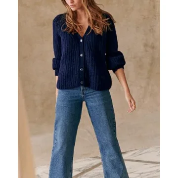 Gacaky Women's Cardigan Sweater Casual Long Sleeve V Neck Button Down Chunky Soft Knit Sweater Fall Open Front Loose Outwear Dark Blue M