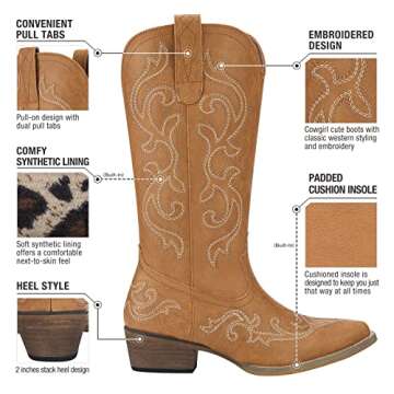 HISEA Rollda Cowboy Boots for Women Western Cowgirl Boots with Chunky Heel Ladies Snip Toe Mid-Calf Boots Tan Size 8