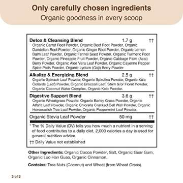 Detox Organics Chocolate Superfood Powder – Cleanse and Detox Smoothie Mix Supplement with Organic Greens Blend, Digestive Enzymes, Immune Support, Bloating Relief, Vegan, Low-Carb (30 Servings)