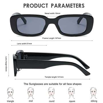 CHBP Retro Rectangle Sunglasses Womens Men Trendy Vintage Narrow Polarized UV Protection 90s Sunglasses For Women-3 Pack