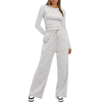 Darong Women's 2 Piece Lounge Sets Long Sleeve Tops Wide Leg Pants Casual Outfits Pajama Set Fall Collection 9065B White Grey M