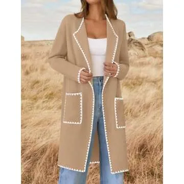 ZESICA Women's Open Front Long Cardigan Sweater Casual Lapel Coatigan Coat Fall Jacket Outerwear with Pockets,Khaki,Medium