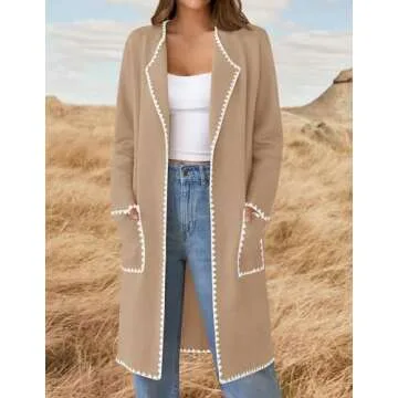 ZESICA Women's Open Front Long Cardigan Sweater Casual Lapel Coatigan Coat Fall Jacket Outerwear with Pockets,Khaki,Medium