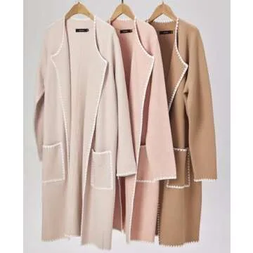 ZESICA Women's Open Front Long Cardigan Sweater Casual Lapel Coatigan Coat Fall Jacket Outerwear with Pockets,Khaki,Medium