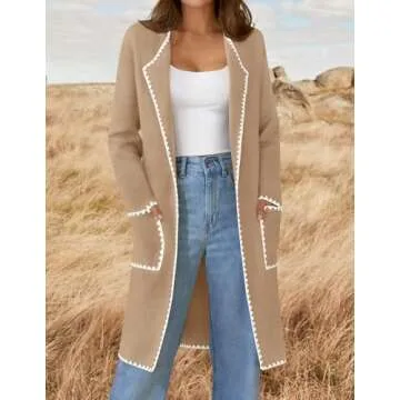 ZESICA Women's Open Front Long Cardigan Sweater Casual Lapel Coatigan Coat Fall Jacket Outerwear with Pockets,Khaki,Medium