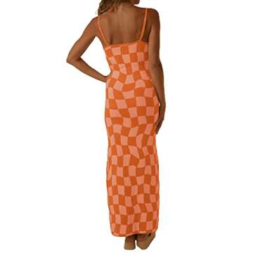 Low Cut Ribbed Knit Long Bodycon Sling Dress Sleeveless Spaghetti Straps Night Club Party Maxi Dress for Women (Knit Dress Plaid Bright Orange, S)