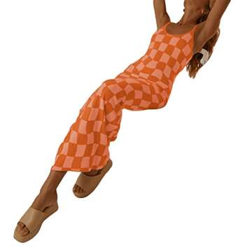 Low Cut Ribbed Knit Long Bodycon Sling Dress Sleeveless Spaghetti Straps Night Club Party Maxi Dress for Women (Knit Dress Plaid Bright Orange, S)