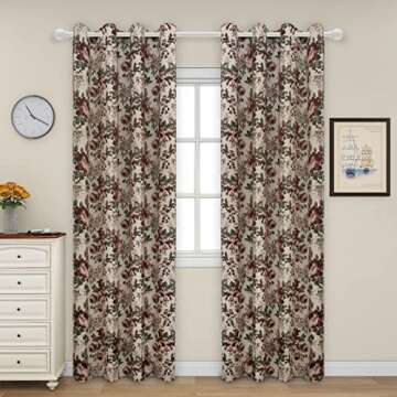 Easy-Going Floral Printed Blackout Curtain 108 Inch Length Grommet Thermal Insulated Room Darkening Window Curtain for Bedroom, Living Room, Kids Room (Set of 2 Panels, Beige)
