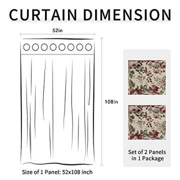 Easy-Going Floral Printed Blackout Curtain 108 Inch Length Grommet Thermal Insulated Room Darkening Window Curtain for Bedroom, Living Room, Kids Room (Set of 2 Panels, Beige)