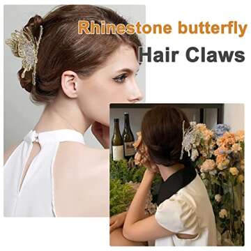 CROWN GUIDE Large Cute Butterfly Claw Clips for Women Girls Curly/Thick/Fine Hair, Big Rhinestone Ha...