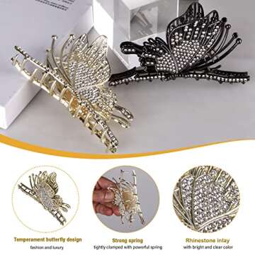 CROWN GUIDE Large Cute Butterfly Claw Clips for Women Girls Curly/Thick/Fine Hair, Big Rhinestone Hair Clips, Strong Hold Hair jumbo Jaw Clip Hair Styling Accessories