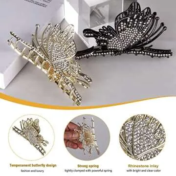 CROWN GUIDE Large Cute Butterfly Claw Clips for Women Girls Curly/Thick/Fine Hair, Big Rhinestone Hair Clips, Strong Hold Hair jumbo Jaw Clip Hair Styling Accessories