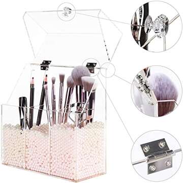 YestBuy Acrylic Makeup Brush Holder, Clear Makeup Brush Organizer For Vanity, Cosmetic Brush Storage Box with Pink Pearls, For Bathroom, Bedroom, Vanity Countertop
