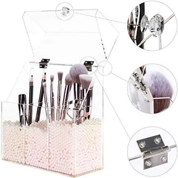 YestBuy Acrylic Makeup Brush Holder, Clear Makeup Brush Organizer For Vanity, Cosmetic Brush Storage Box with Pink Pearls, For Bathroom, Bedroom, Vanity Countertop