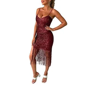 CLAUBTY Women Tassel Hem Sequin Slip Dress Deep V-Neck Thigh Fringe Split Backless Spaghetti Strap Dresses Off Shoulder Sexy Night Club Party Bodycon Club wear WineRed