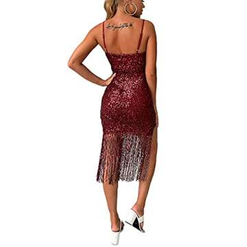 CLAUBTY Women Tassel Hem Sequin Slip Dress Deep V-Neck Thigh Fringe Split Backless Spaghetti Strap Dresses Off Shoulder Sexy Night Club Party Bodycon Club wear WineRed