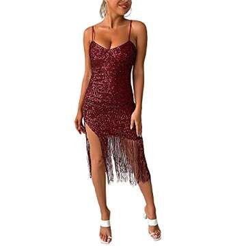 CLAUBTY Women Tassel Hem Sequin Slip Dress Deep V-Neck Thigh Fringe Split Backless Spaghetti Strap Dresses Off Shoulder Sexy Night Club Party Bodycon Club wear WineRed