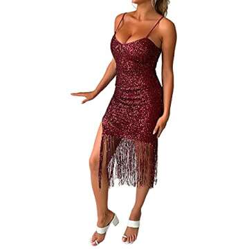CLAUBTY Women Tassel Hem Sequin Slip Dress Deep V-Neck Thigh Fringe Split Backless Spaghetti Strap Dresses Off Shoulder Sexy Night Club Party Bodycon Club wear WineRed