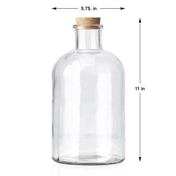 Serene Spaces Living Decorative Clear Glass Bottle Vase with Cork Stopper – Vintage Style Floral Centerpiece for Weddings and Events – 11" Tall & 5.75" Diameter – Sold Individually