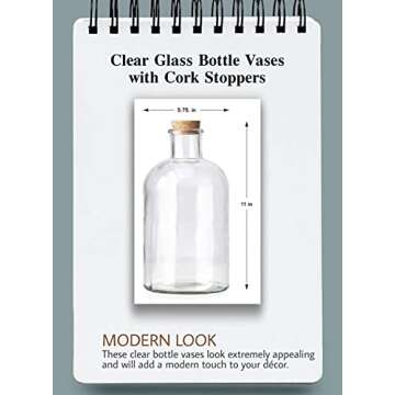 Serene Spaces Living Decorative Clear Glass Bottle Vase with Cork Stopper – Vintage Style Floral Centerpiece for Weddings and Events – 11" Tall & 5.75" Diameter – Sold Individually