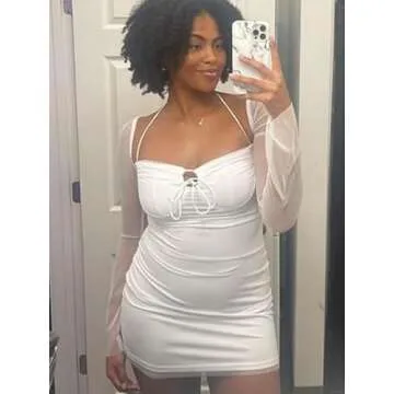 hibshaby Going Out Dresses for Women Club Sexy, Low Cut Mesh Long Sleeve Bodycon Mini Dress Halter Neck Party Outfits White M