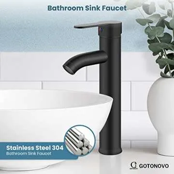 gotonovo Bathroom Faucet One Hole Single Handle Deck Mount Vessel Sink Faucet Lavatory Vanity Modern Tall Mixer Bar Tap with Water Supply Lines and Metal Pop Up Drain Matte Black