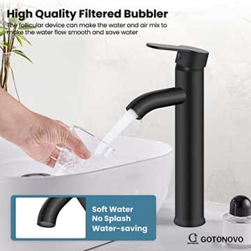 gotonovo Bathroom Faucet One Hole Single Handle Deck Mount Vessel Sink Faucet Lavatory Vanity Modern Tall Mixer Bar Tap with Water Supply Lines and Metal Pop Up Drain Matte Black
