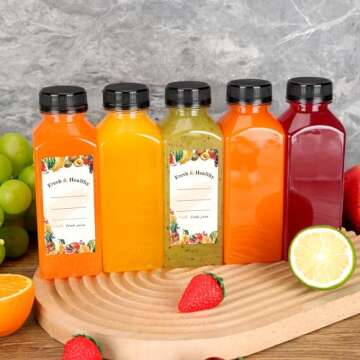 Moretoes 20pcs 12oz Plastic Juice Bottles with Caps, Empty Reusable Drink Containers with Labels, Clear Juice Bottles for Juicing Milk Smoothie Drinking and Other Beverages