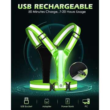 Zacro LED Reflective Vest Running Gear, 5 Lights Colors High Visibility Reflective Running Gear Rechargeable Light Up Running Vest for Walking Running Cycling, Adjustable for Men Women Kids (Green)