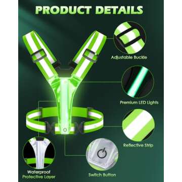 Zacro LED Reflective Vest Running Gear, 5 Lights Colors High Visibility Reflective Running Gear Rechargeable Light Up Running Vest for Walking Running Cycling, Adjustable for Men Women Kids (Green)