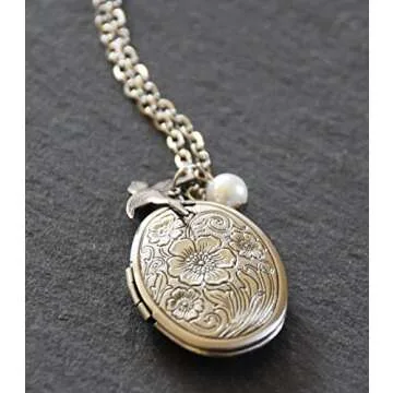 Mint Jules Antique Swallow Bird and Pearl Charm Pendant Picture Locket Necklace (Silver)