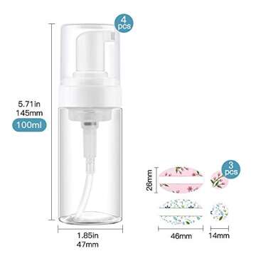 4 Pcs 3.4 oz 100 ML Clear Plastic Empty Travel Bottle,Mini BPA Free Foaming Soap Dispenser Pump for Cleaning, Travel, Shampoo, Cosmetics. 6 Labels Free.