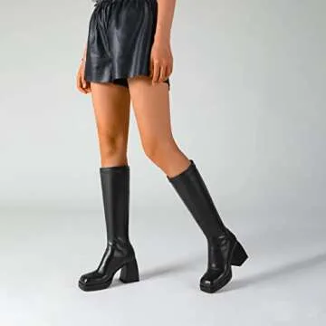 DOBOYG Women's Platform Boots Go Go Boots Knee High Boots Stretchy Square Toe Chunky Block Heeled Boots