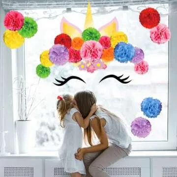 POEWAUVE Halloween Unicorn Trunk or Treat Car Decorations Kit，Colorful Paper Pom Poms Decoration with Truck Garage Door Decorations