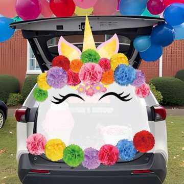 POEWAUVE Halloween Unicorn Trunk or Treat Car Decorations Kit，Colorful Paper Pom Poms Decoration with Truck Garage Door Decorations