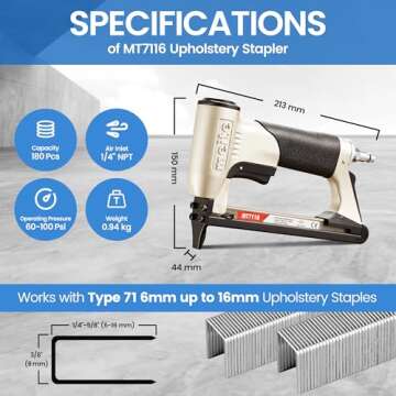 meite MT7116 Pneumatic Staple Gun - 22 Gauge 71 Series 3/8-Inch Crown 1/4-Inch to 5/8-Inch Length Air Upholstery Staple Gun Fine Wire Upholstery Stapler Gun