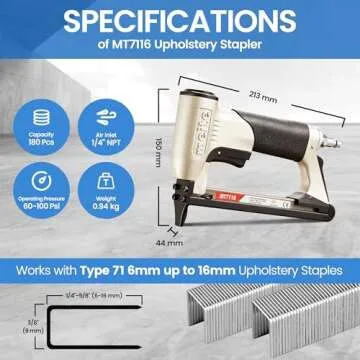 meite MT7116 Pneumatic Staple Gun - 22 Gauge 71 Series 3/8-Inch Crown 1/4-Inch to 5/8-Inch Length Air Upholstery Staple Gun Fine Wire Upholstery Stapler Gun